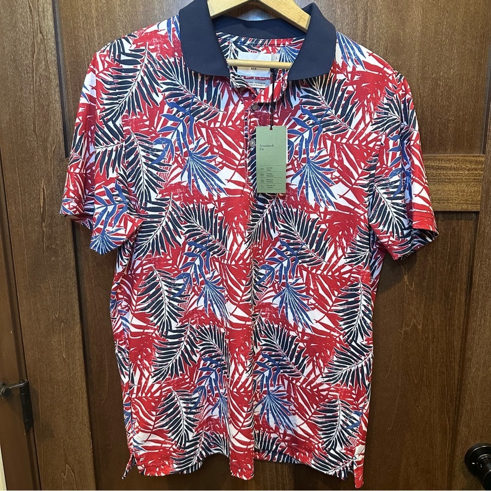 Goodfellow & Co Red and Blue Tropical Print Polo